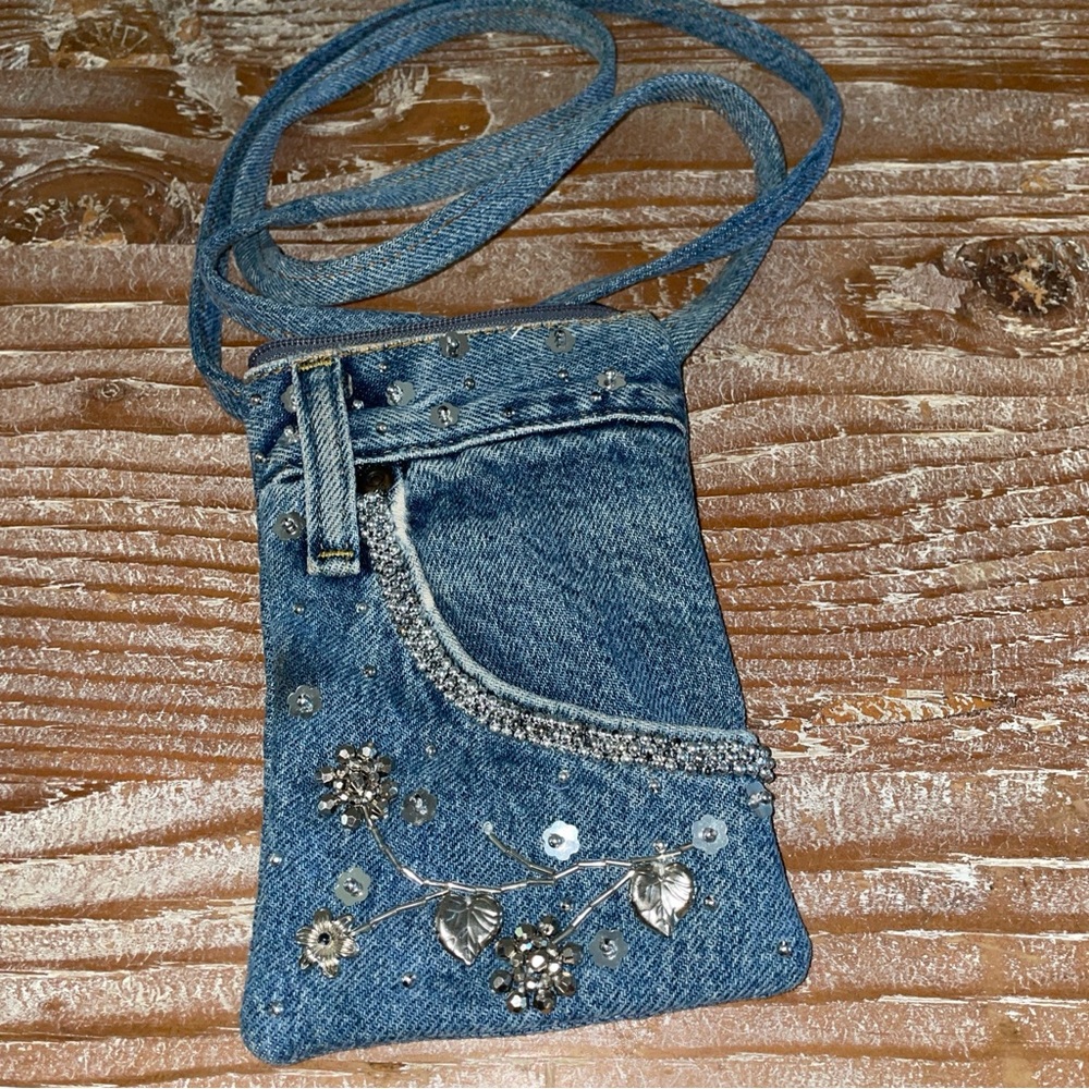Adorable Embellished & Embezzled Jean Pocket Shoulder Pouch